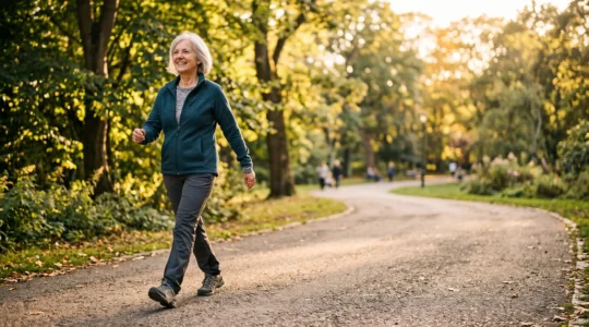 Personne senior active et souriante marchant en extérieur, symbole d'énergie et de mobilité après 65 ans