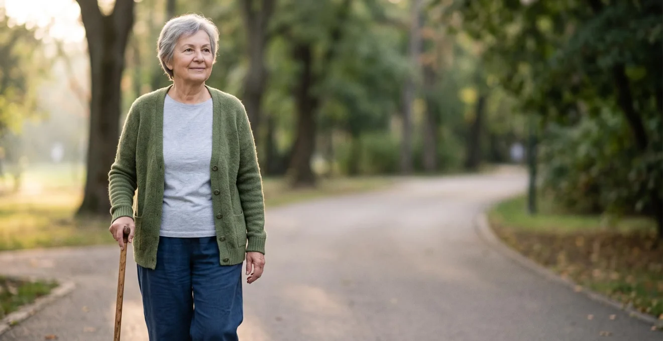 Personne agee marchant sereinement en exterieur malgre des rhumatismes, symbole d'activite physique adaptee apres 65 ans