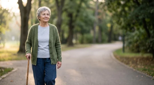 Personne agee marchant sereinement en exterieur malgre des rhumatismes, symbole d'activite physique adaptee apres 65 ans