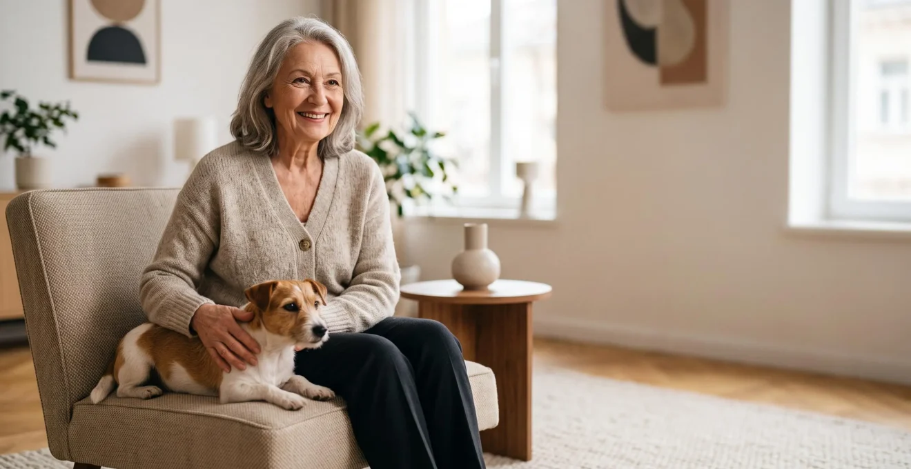 Personne senior souriante assise dans un salon lumineux et épuré, avec un petit chien calme à ses côtés, illustrant un appartement adapté à l'adoption d'un animal après 70 ans