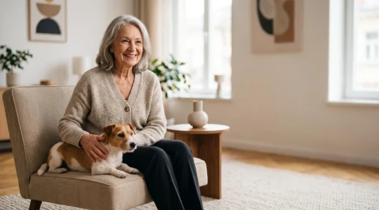 Personne senior souriante assise dans un salon lumineux et épuré, avec un petit chien calme à ses côtés, illustrant un appartement adapté à l'adoption d'un animal après 70 ans