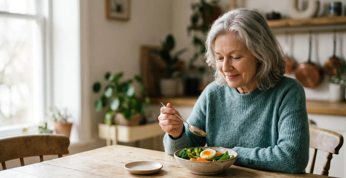 Personne senior savourant un repas léger et coloré à table dans une lumière douce, illustrant une alimentation adaptée aux troubles digestifs après 65 ans