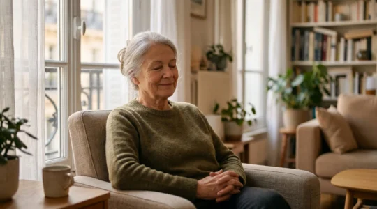 Personne agee de 70 ans savourant le calme et le silence dans son salon lumineux, symbole d'un logement insonorise