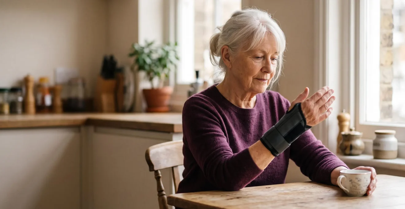 Personne âgée de 70 ans retrouvant progressivement la mobilité de son poignet après une fracture, dans un cadre lumineux et rassurant
