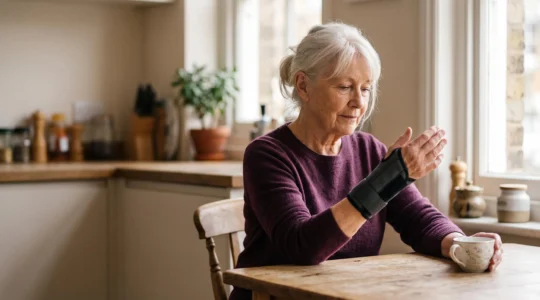 Personne âgée de 70 ans retrouvant progressivement la mobilité de son poignet après une fracture, dans un cadre lumineux et rassurant