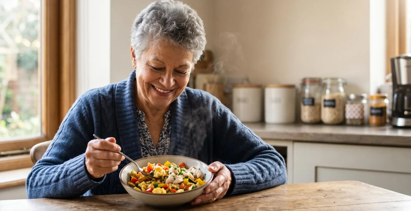 Personne agee souriante degustant un repas sain et riche en nutriments a table, lumiere naturelle chaleureuse