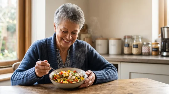 Personne agee souriante degustant un repas sain et riche en nutriments a table, lumiere naturelle chaleureuse