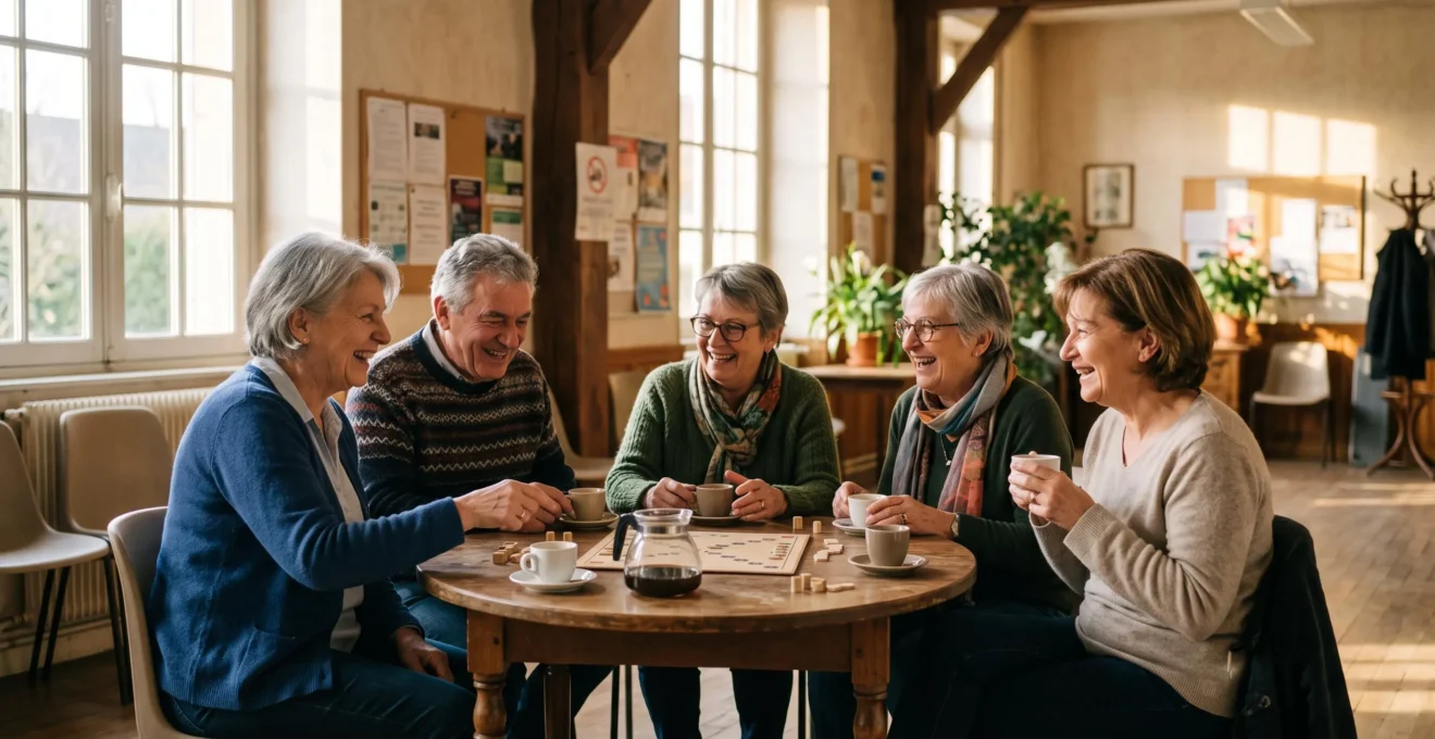 Un senior souriant partageant un moment convivial avec d'autres membres d'un club de quartier en France
