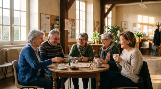 Un senior souriant partageant un moment convivial avec d'autres membres d'un club de quartier en France