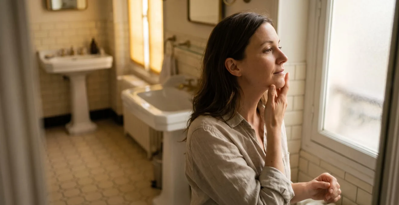 Portrait en lumière naturelle d'une personne examinant attentivement son sourire dans un miroir de salle de bain