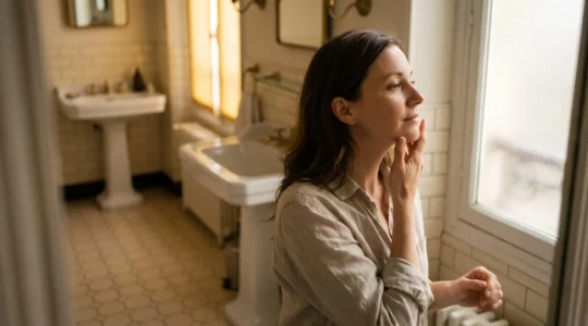Portrait en lumière naturelle d'une personne examinant attentivement son sourire dans un miroir de salle de bain