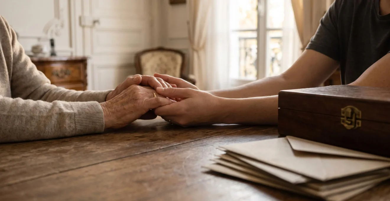 Scène symbolique représentant la transmission sereine d'un patrimoine familial à travers les générations