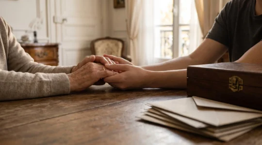 Scène symbolique représentant la transmission sereine d'un patrimoine familial à travers les générations