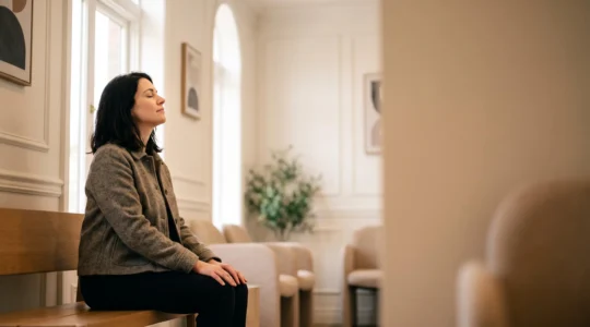 Personne assise dans une salle d'attente de cabinet dentaire lumineuse, respirant calmement avant de vaincre sa peur du dentiste