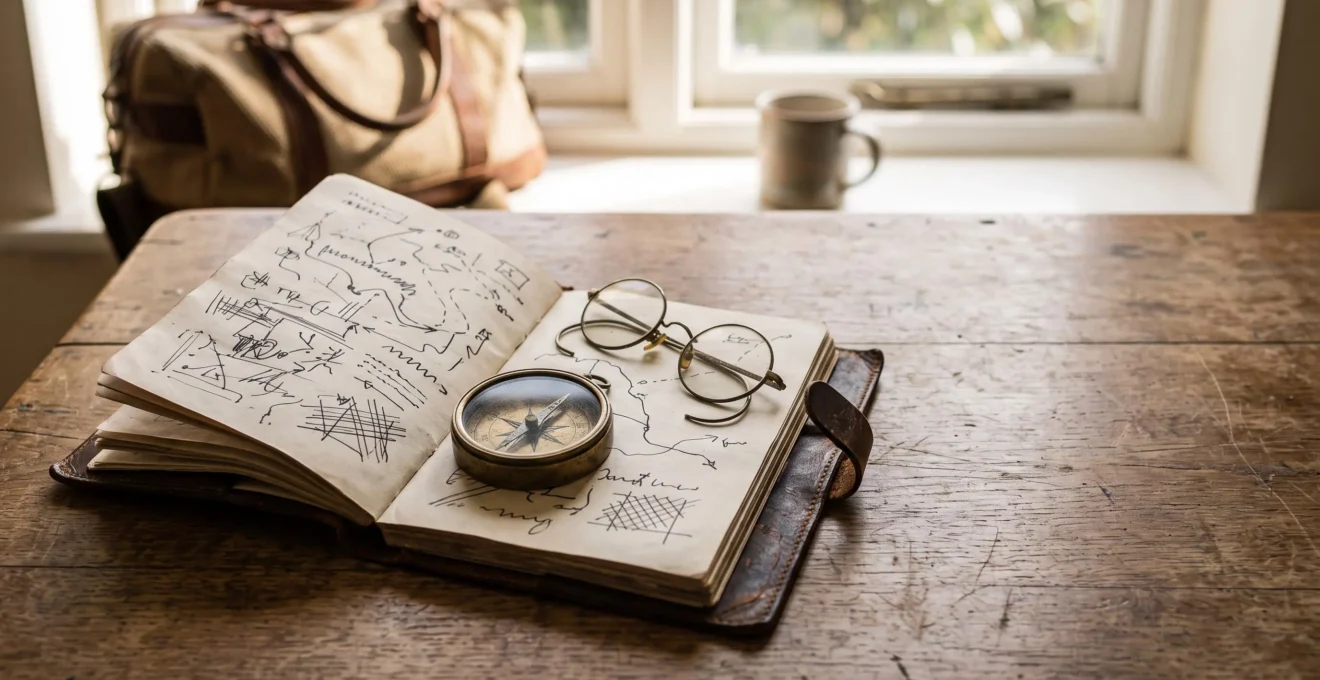 Carnet de voyage ouvert avec une boussole en cuir posée sur une carte manuscrite illisible, symbolisant la création d'un itinéraire personnalisé loin des circuits standardisés
