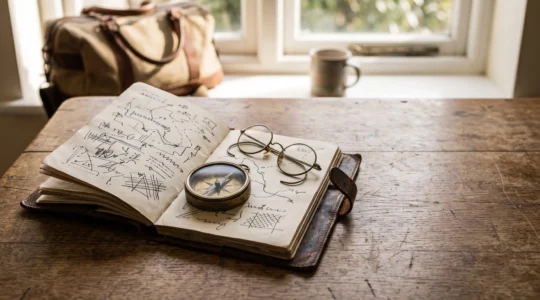 Carnet de voyage ouvert avec une boussole en cuir posée sur une carte manuscrite illisible, symbolisant la création d'un itinéraire personnalisé loin des circuits standardisés