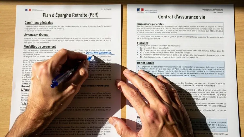 Gros plan sur des mains comparant deux documents officiels de contrats PER et assurance vie posés sur une table en bois