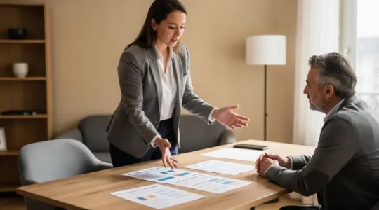Conseiller financier debout expliquant des stratégies d'épargne retraite à un client assis lors d'un rendez-vous de conseil patrimonial