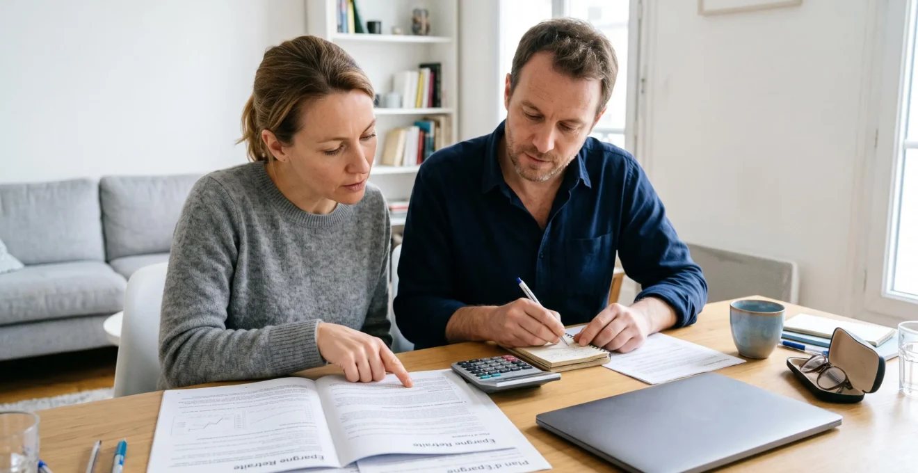 Un couple assis à une table familiale compare plusieurs contrats imprimés de plans d'épargne retraite, avec un calculateur et un cahier de notes.
