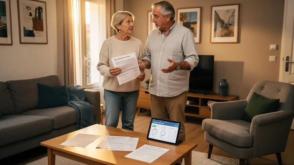Couple français d'environ 50 ans debout dans leur salon discutant ensemble de leur stratégie de répartition entre PER et assurance vie avec documents à la main