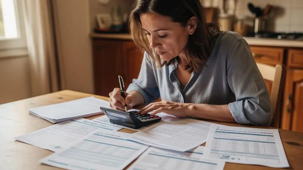 Femme d'environ 50 ans assise à sa table de salle à manger consultant des relevés d'épargne retraite et calculant avec calculatrice et notes manuscrites